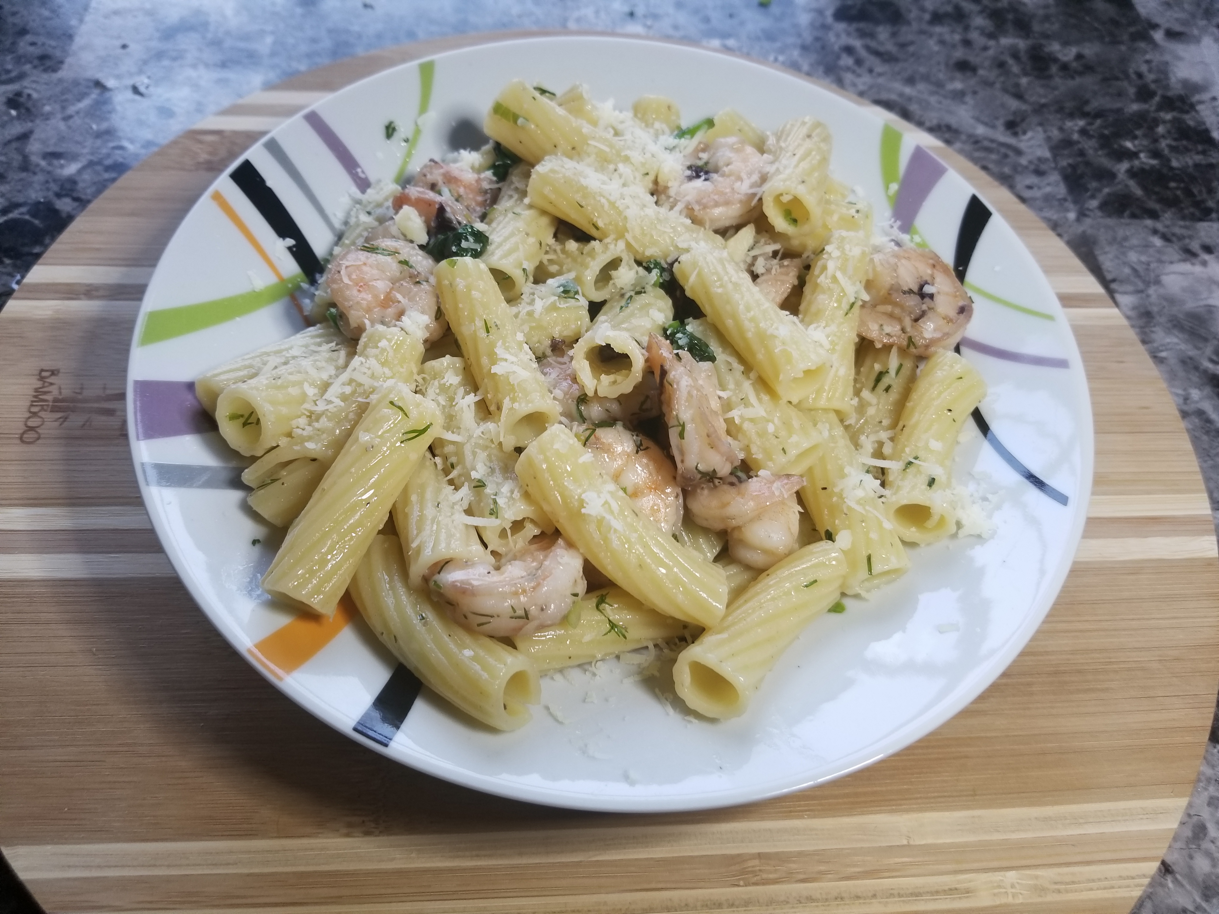Shrimp Spinach Pasta Recipe with Dill Pesto Olives