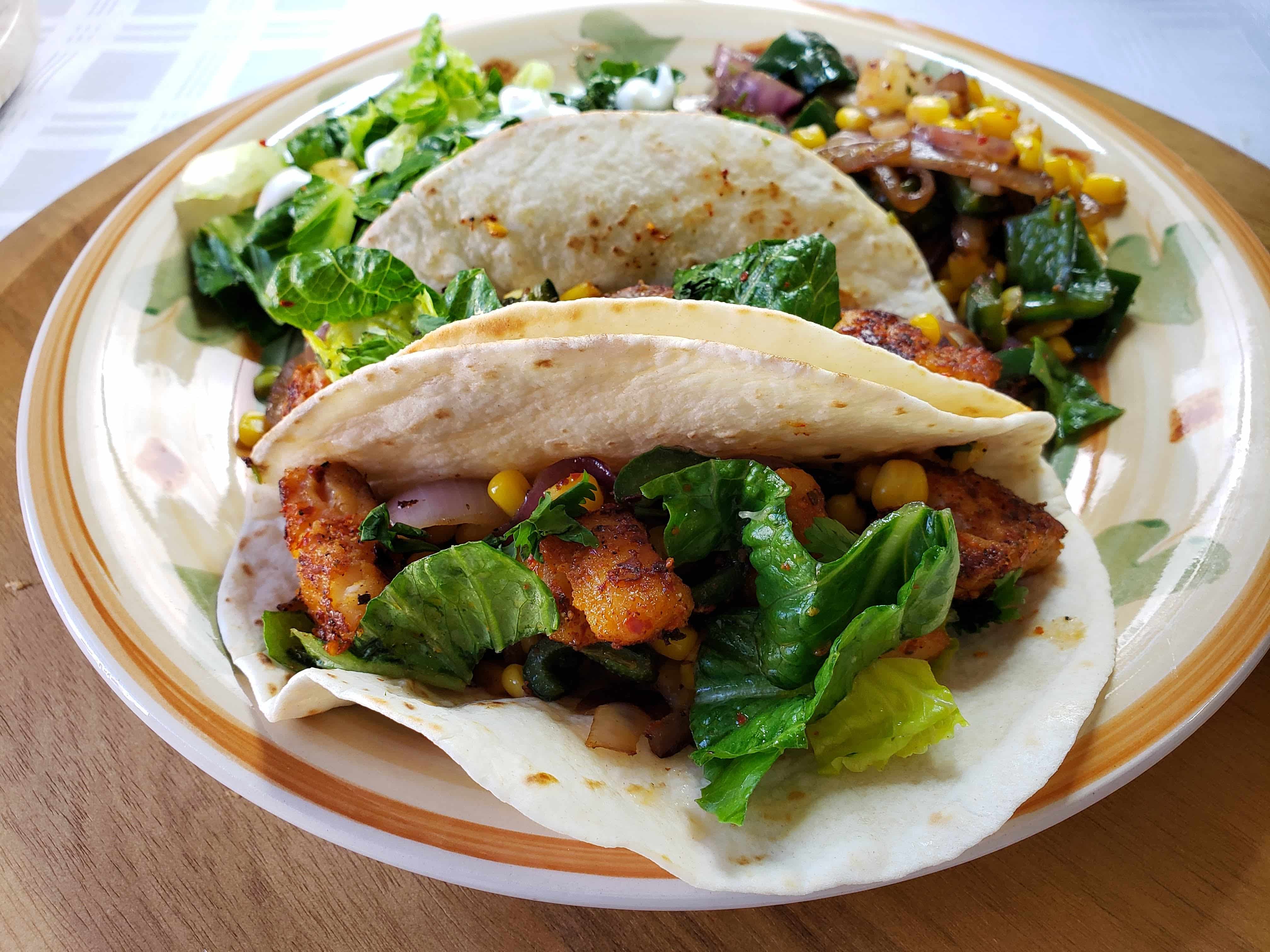 Chile Spiced Fish Tacos with with Corn-Poblano Sauté