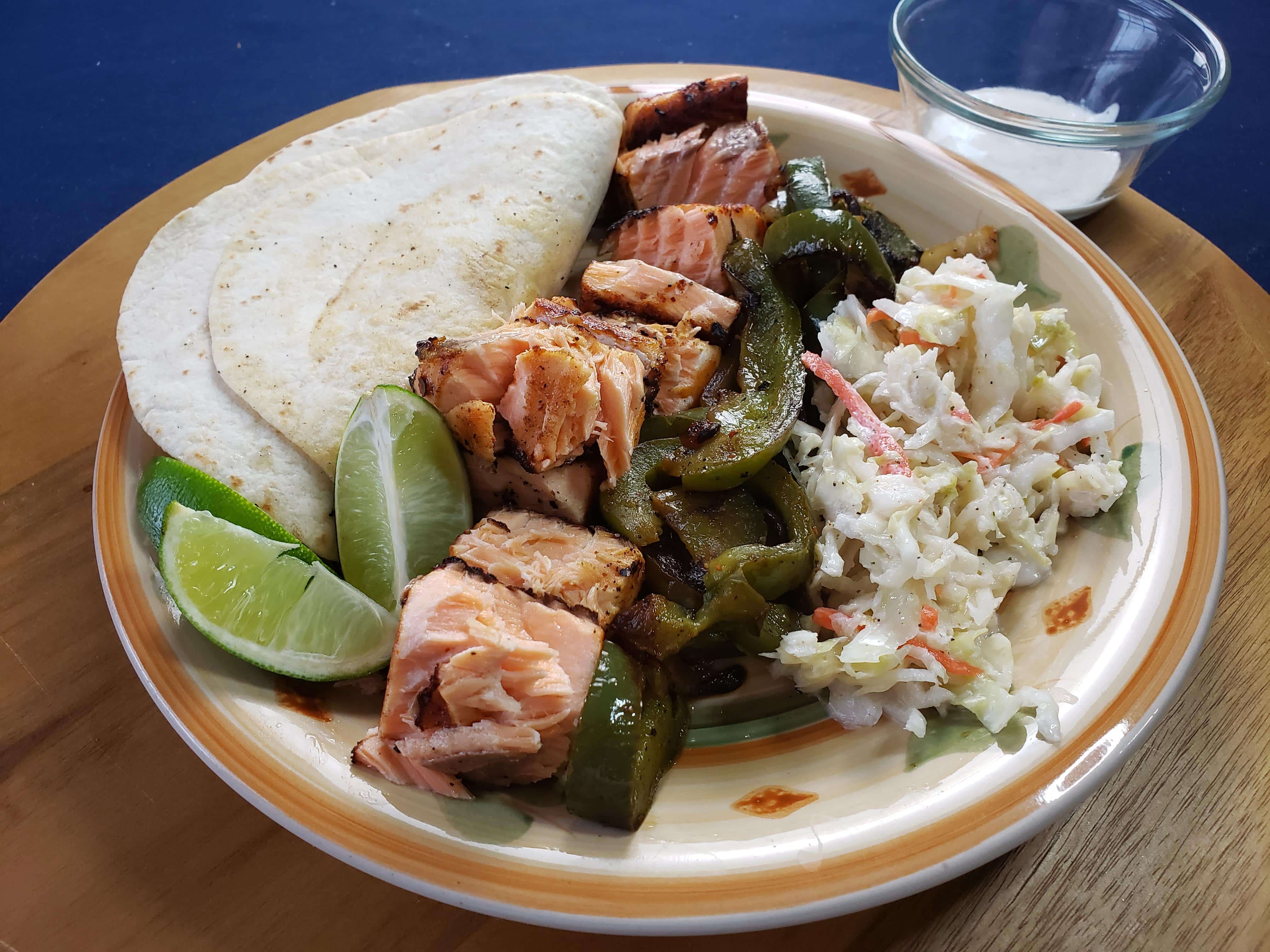 Salmon Fajitas with Peppers, Onions & Tangy Slaw
