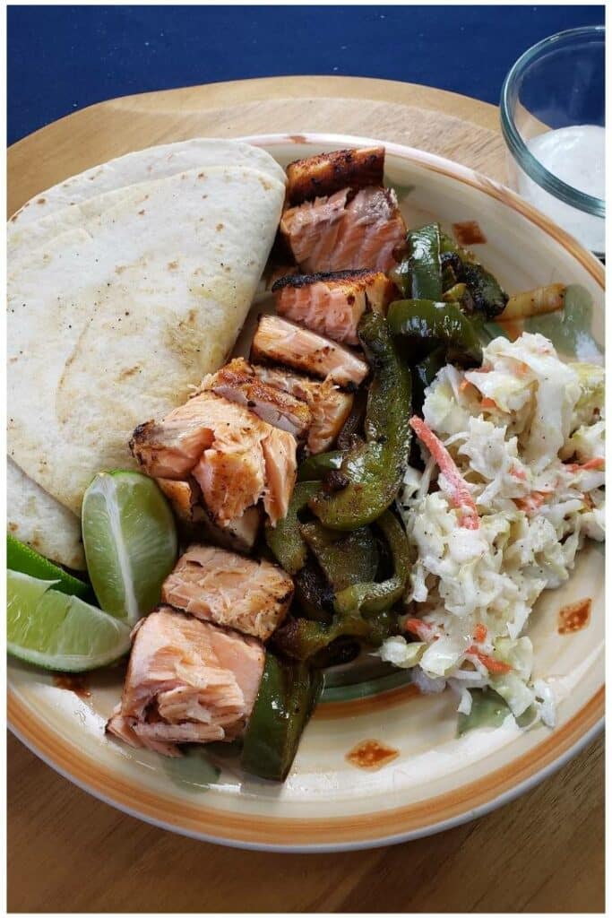 Salmon Fajitas with Peppers, Onions & Tangy Slaw