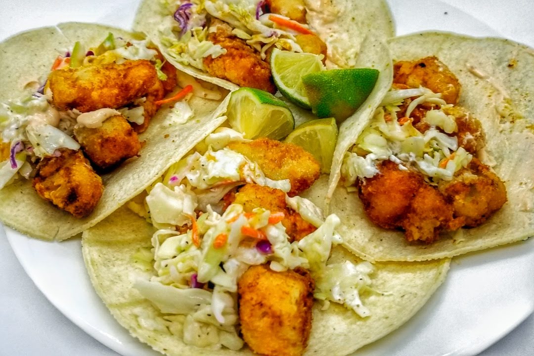 Fried Fish Tacos with Tangy Slaw & Sweet Potato Fries