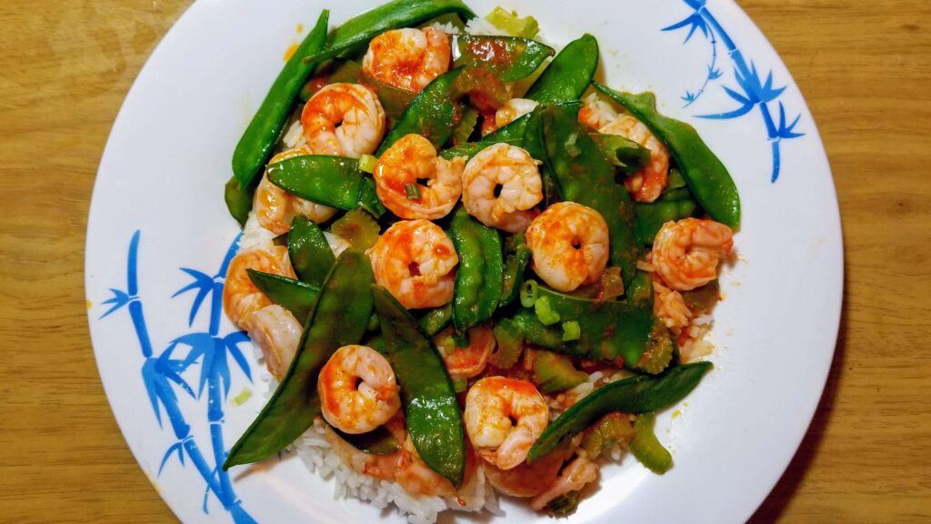 Shrimp & Snow Peas with Red Curry Dressing and Rice