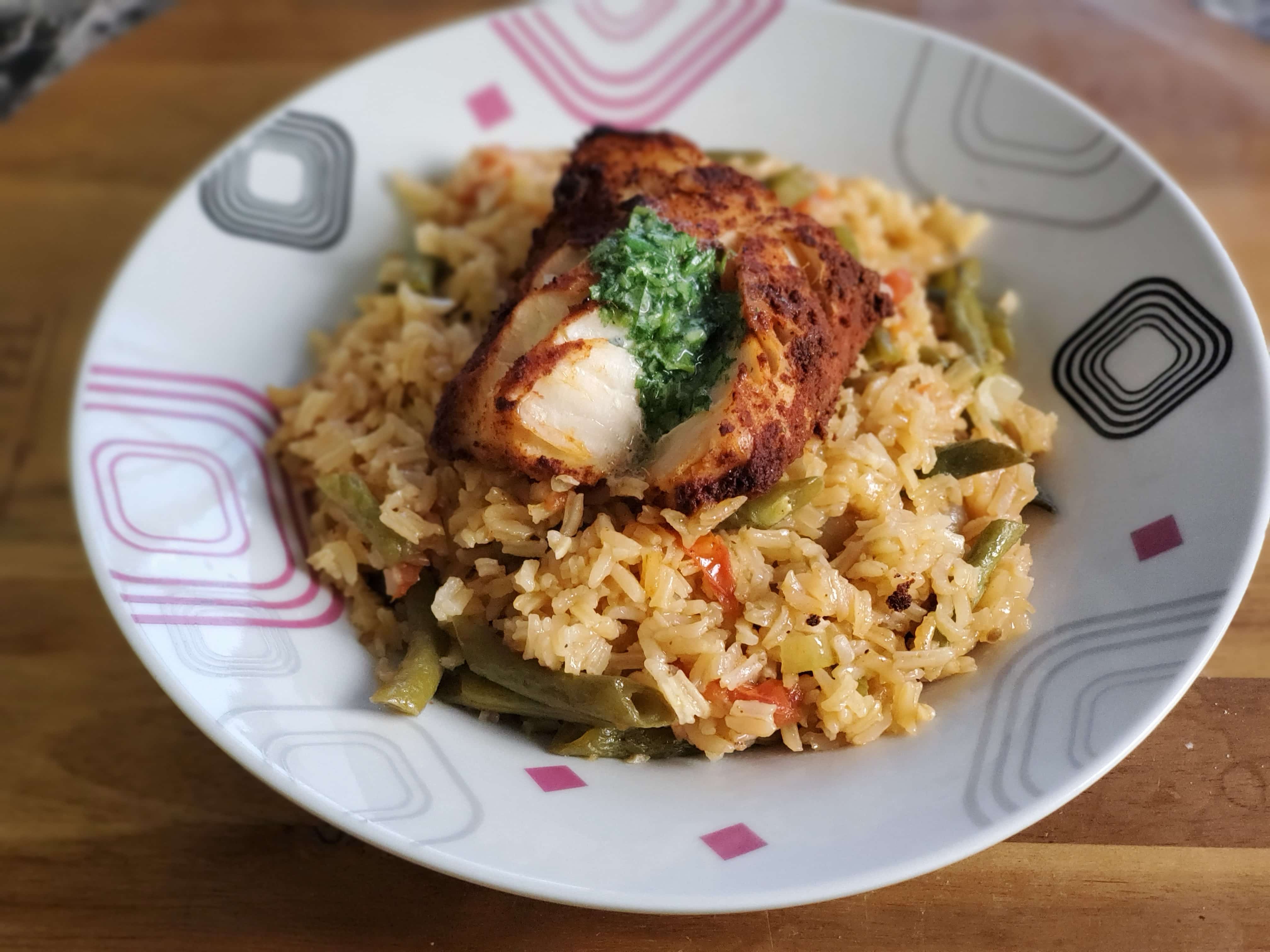 Spanish Style Smoky Cod & Rice paired with a Moscato