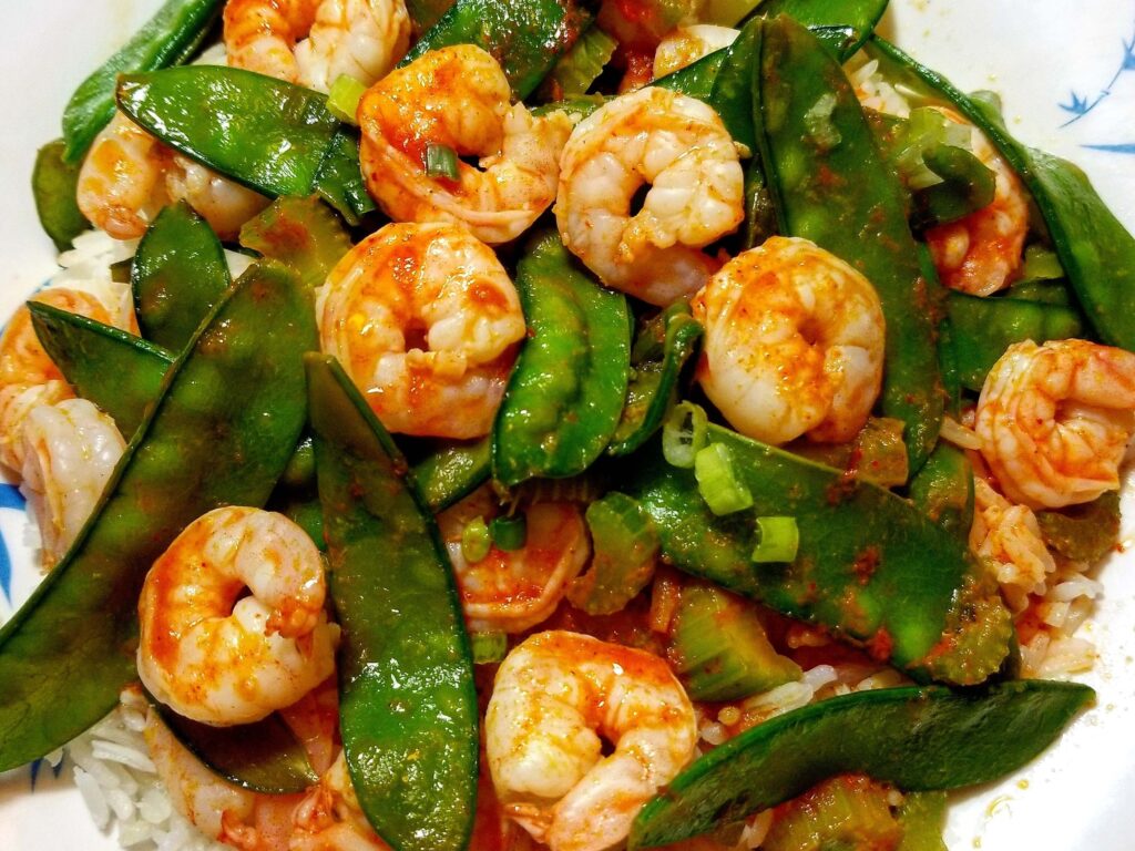 Shrimp & Snow Peas with Red Curry Dressing and Rice