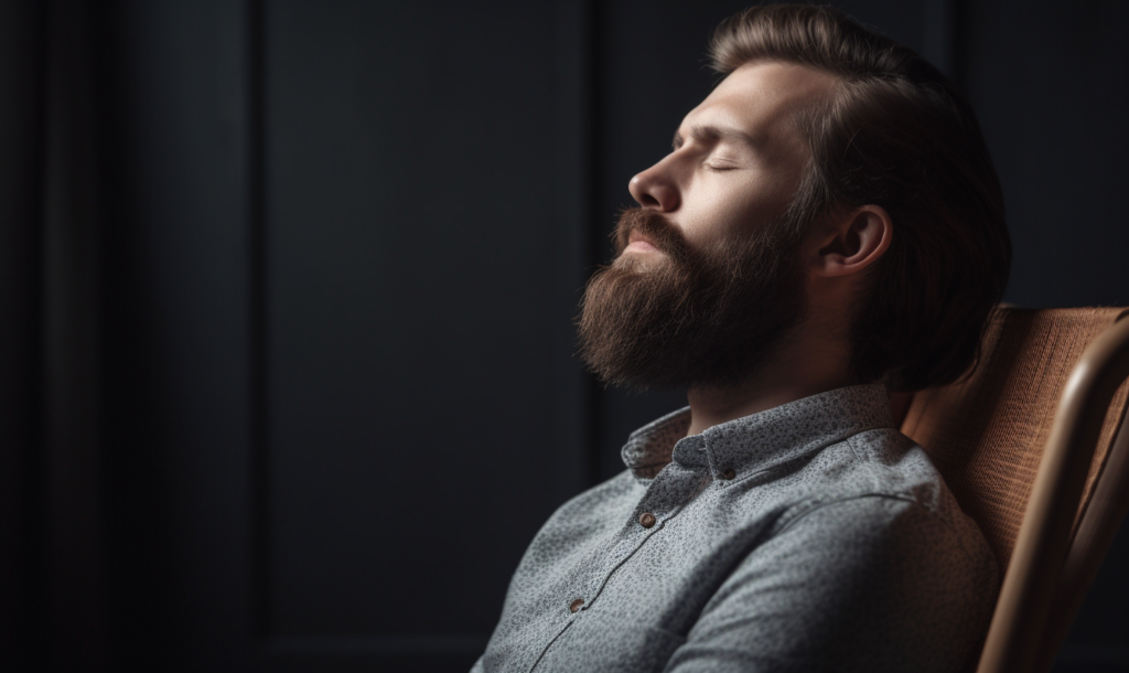 A person sitting in a chair with their eyes closed, taking deep breaths.